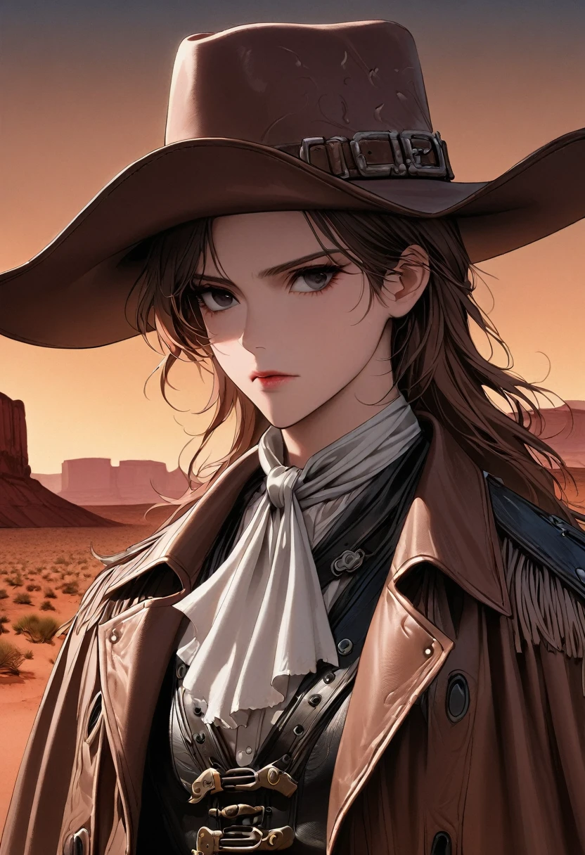 (1 person, Cowboy:1.2), black eyes, Chestnut hair, Low fade,
portrait, (Bloody scars:0.7), Look away, Focus on the role, Solitary, Half Shot, Delicate face, (Geometric Steel, Pioneering technology theme:1.1), Gunner, Wide-brimmed hat, belt, coat, 18th Century Wild West, U.S. border, The background is the red canyon of the Wild West era, Desert Background, dusk, Epic atmosphere, dust,