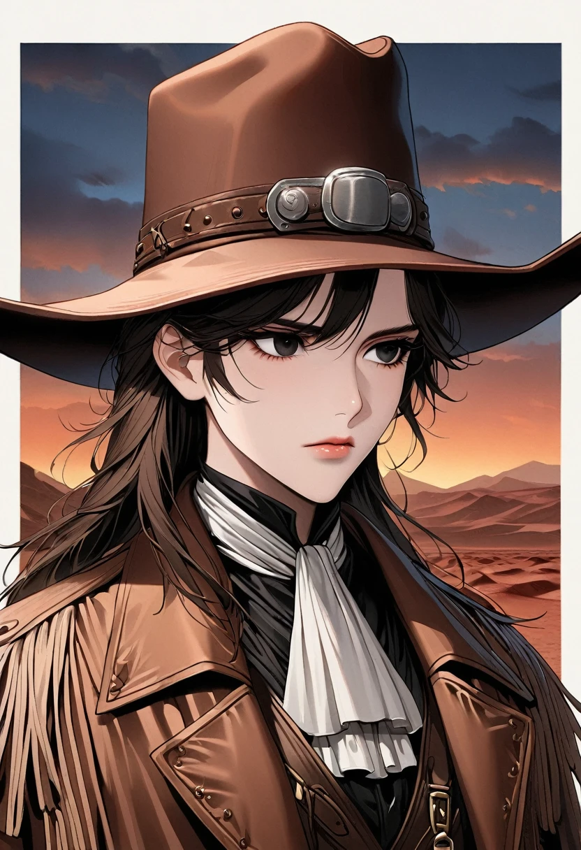 (1 person, Cowboy:1.2),  black eyes, Chestnut hair, Low fade, 
portrait, (Bloody scars:0.7), Look away, Focus on the role, Solitary, Half Shot, Delicate face, (Geometric Steel,  Pioneering technology theme:1.1), Gunner, Wide-brimmed hat,  belt, coat,    18th Century Wild West, U.S. border, The background is the red canyon of the Wild West era, Desert Background, dusk, Epic atmosphere, dust,