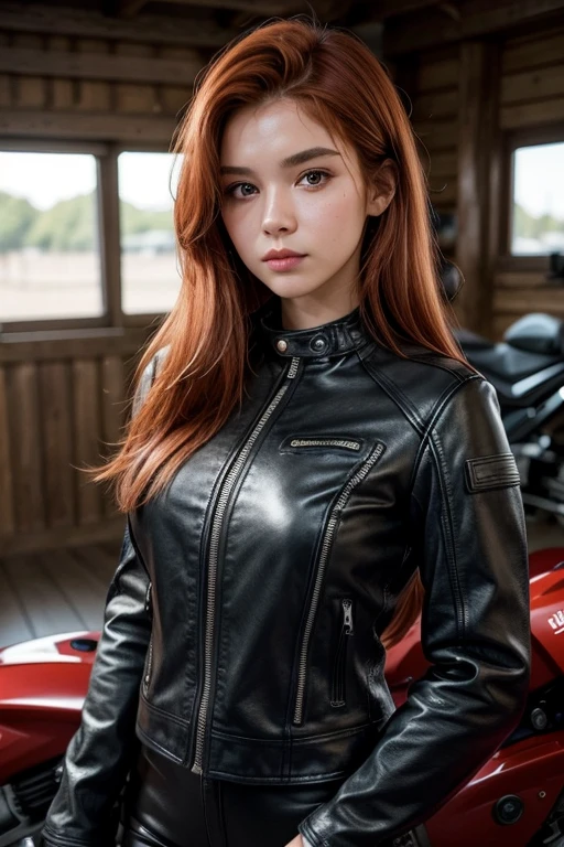 ((Best Quality)), (detailed), 1 girl, 16 years, redhead, shoulder level hair, Brown eyes, tanned skin, biker clothing, darks, sport motorcycle