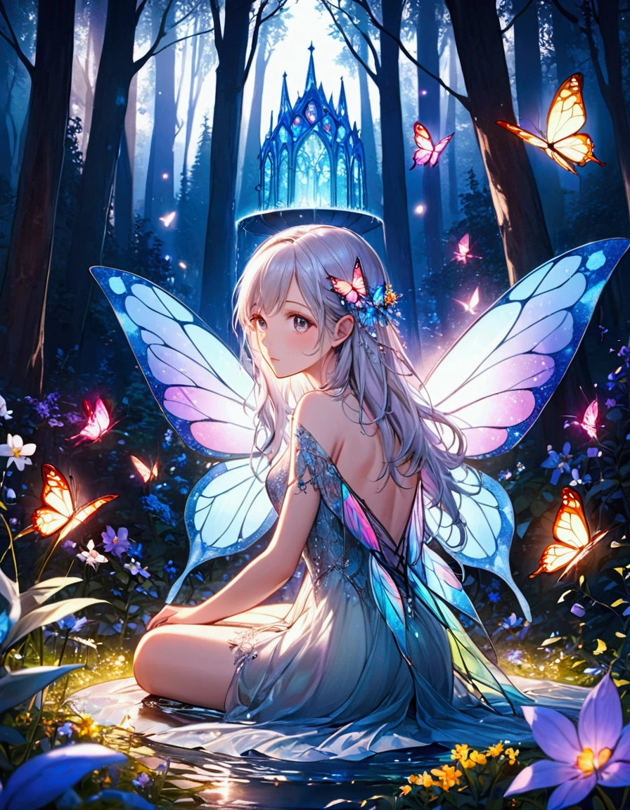 The Fairy of Lights appeared in the forest on a spring night. She is beautiful, pale, Bright female figure with stained glass butterfly wings on her back. She wears intricate and delicate jewelry.. Fantastic forest fountain with wildflowers. Detail view. Sit on the ground. Vibrant colors. High resolution.