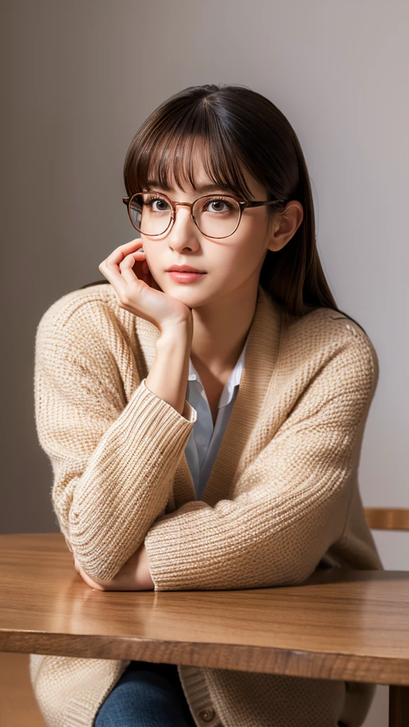 Hyper-Realism, (Photorealsitic:1.4), 8K, maximum resolution, (masterpiece), highly detailed, Professional, best quality, Refined face, beautiful woman, beautiful face, idol face, full body, whole body, Cardigan and glasses, Intellectual crossed-legs pose, Thoughtful expression