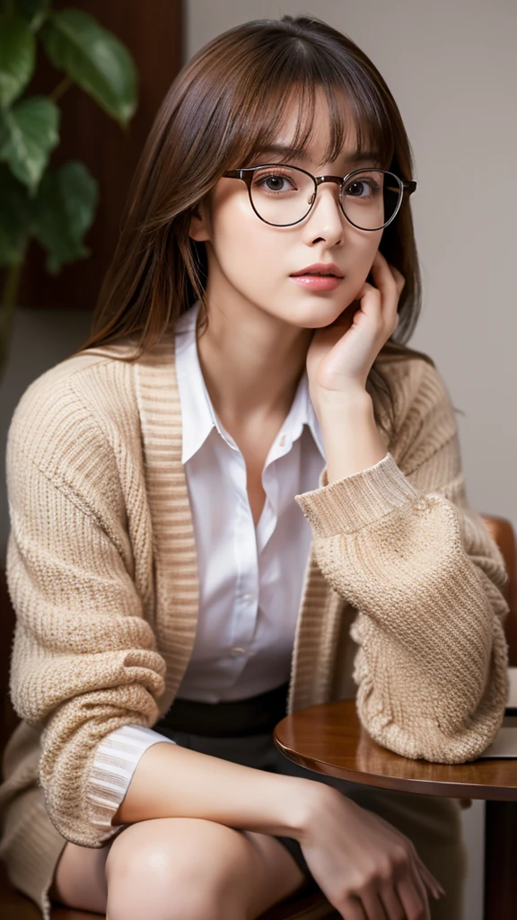 Hyper-Realism, (Photorealsitic:1.4), 8K, maximum resolution, (​masterpiece), highly detailed, Professional, best quality, Refined face, beautiful woman, beautiful face, idol face, full body, whole body, Cardigan and glasses, Intellectual crossed-legs pose, Thoughtful expression