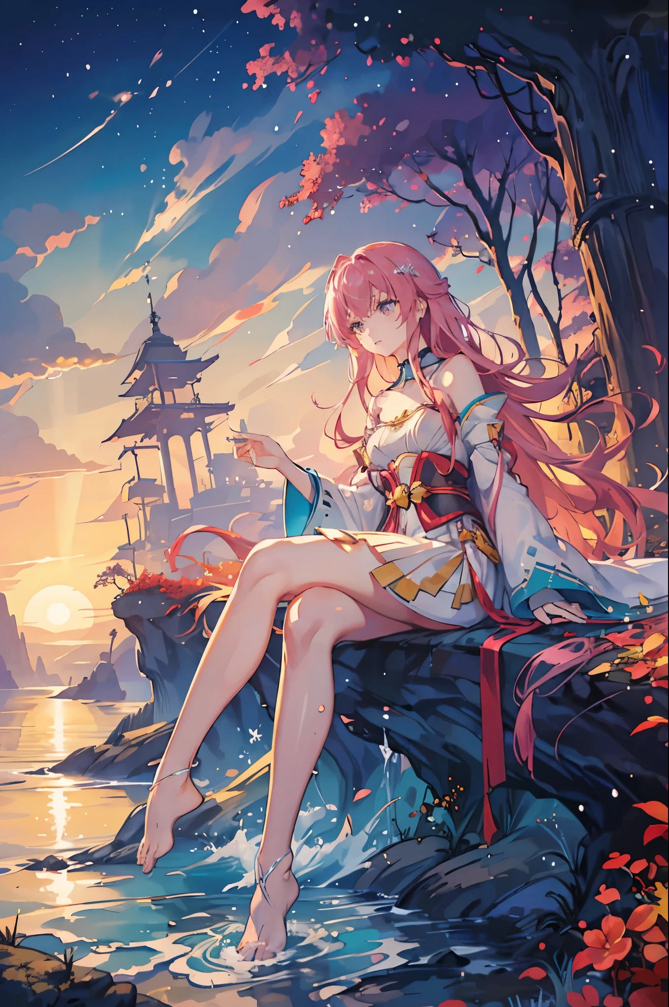 Name: Kaguya Mariner
Element: AQUASCEND
Description: Through the golden sun-kissed tresses flows the grace of the sea, Kaguya, the Aquascend mage of oldTokoyama, steers the ocean's hidden currents with her ethereal serenity. Protecting her fisher folk with her watery spells, feet nestled in aged seashell-crusteddesand.
Prompt: ((((Obra maestra, La mejor calidad, ultrahigh resolution)))), 1girl, calm, sitting, (long pink hair withwaves, seashell adornments), ((pale skin)), (emerald green eyes, glowing), ((extra detailed face, Moira Kelley eyes)), ((facingleft), mesh body and naval detail visible), ((forest or beach scene: 0.9, small dedication statue in back)), (C-cup breasts covered inconspicuously),hovering hand readying aquascend abilit induction, leftprofile, mellow eyes with gentle emotions, solid feathery texture, added nighttwilight sky on horizon, (water effect at base), ((defined subject), 29 years old, ((relaxedsittingposture)))))