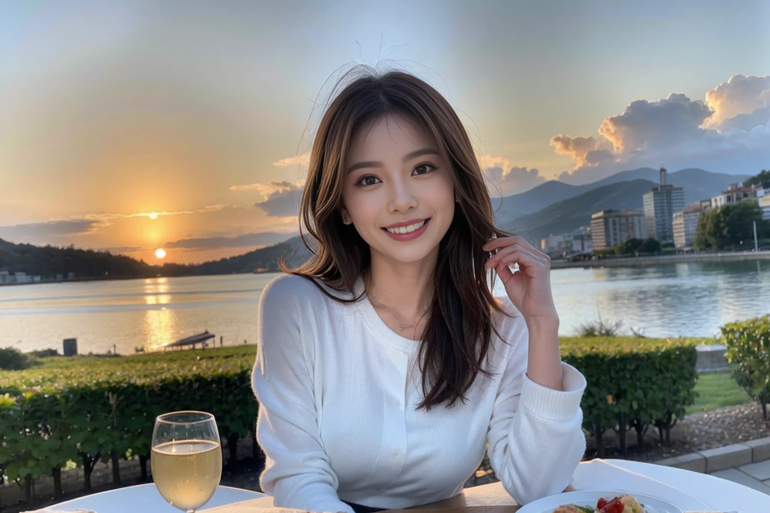 (Realistic:1.1),(masterpiece,Highest quality),8k,(44 years old), 47 years old, slimカップル、Model Couple、Actor/Actress、Tight waist,Upper Body,full-course dinner、wine 、Amazing view of the sunset sky and clouds、Perfect Anatomy, Brown Hair, short hair,Random Hairstyles,((Highly detailed face and eyes:1.2))(cute顔:1.4),Beautiful actress face,Perfect golden ratio face,Long sleeve shirt、dress,(smile:1.2)、Shortcuts、cute、(Realistic, Intricate details:1.2), A bright smile、short hair,Bright Face、赤wine 、Appetizers、Italian food、wine bottle、Champagne、スパークリングwine、(slimな顔), (The body is slim), (Brown Hair), (Shortcuts), Upper Body, 白wine, slim, wineグラス,