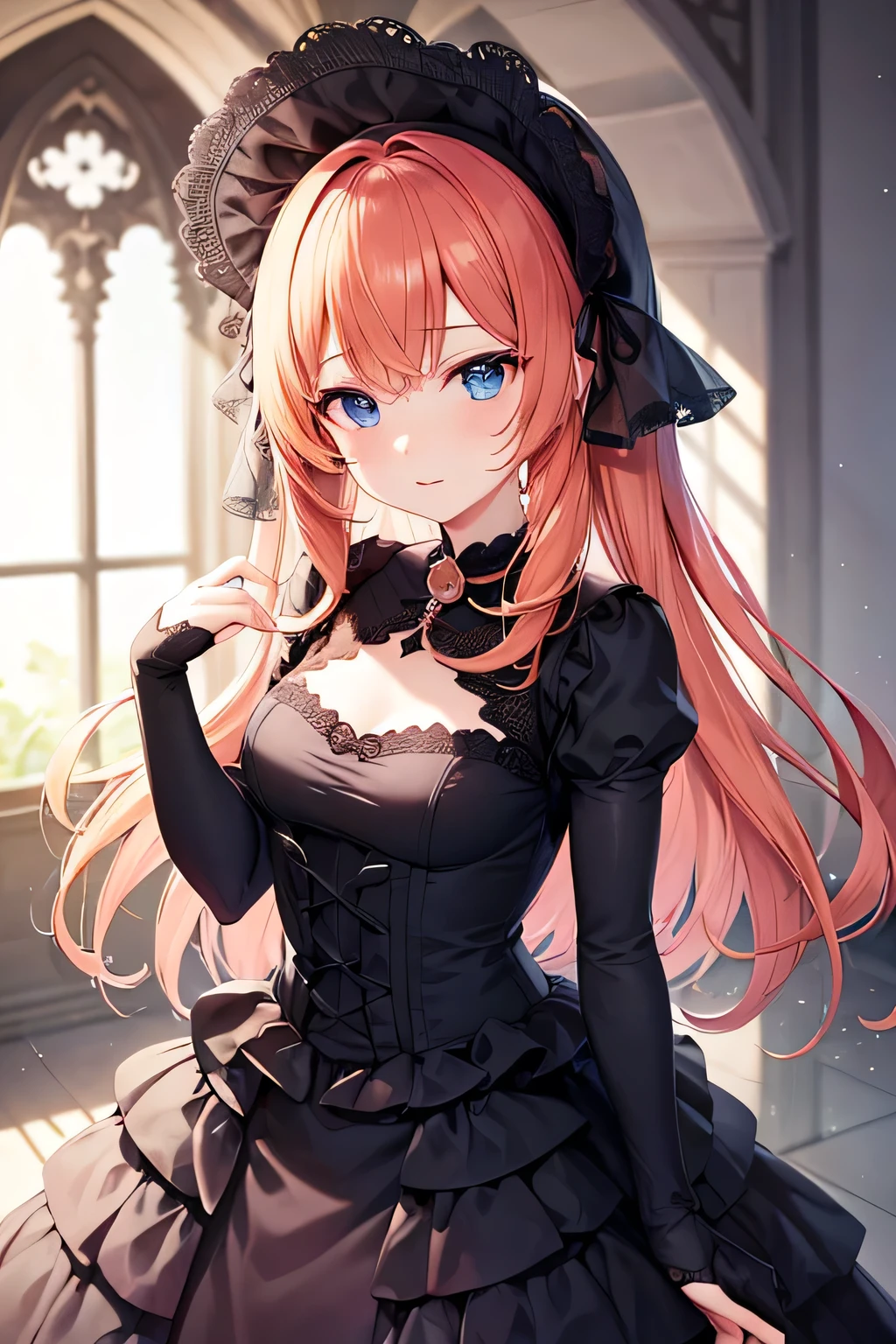 mksks, sharp focus, perfect hands, perfect light, peach hair, blue eyes, Gothic dress