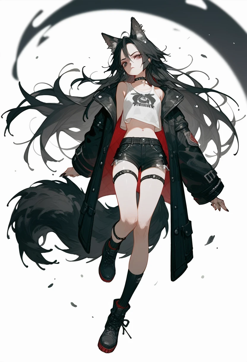 1 Girl, Black Hair,Long hair,Wolf ears wolf tail, black eyes, Tooling，Black coat，Black shorts，Leg ring，Punk style，Long socks，Full body portrait，White background