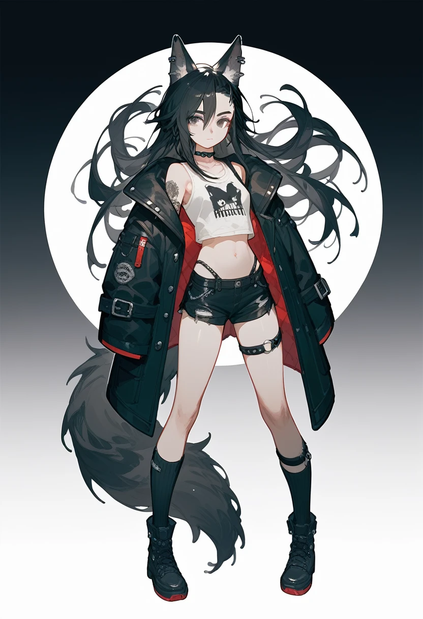 1 Girl, Black Hair,Long hair,Wolf ears wolf tail, black eyes, Tooling,Black coat,Black shorts,Leg ring,Punk style,Long socks,Full body portrait,White background