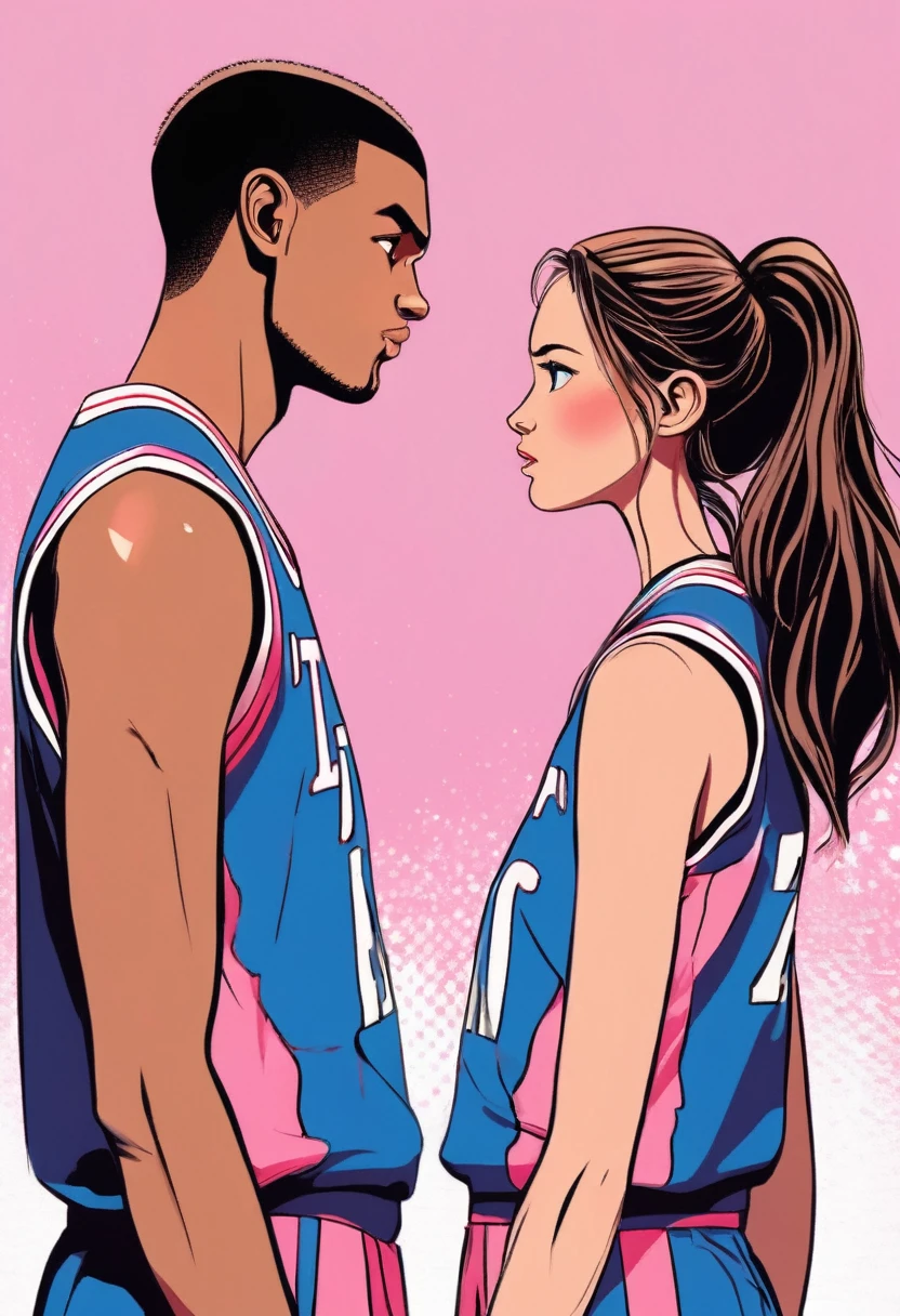 couple, A pair of lovers in basketball jerseys stare at each other with angry faces, the girl wears a pink jersey, the boy wears a blue jersey. vector style, manga style, digital art, by Marshall Arisman, cover illustration, 70mm, 7 0 mm, 70 mm, book cover illustration, by Brigette Barrager, album cover, novel cover art for a book, art concept for a book cover, cover art, 7 feet tall,