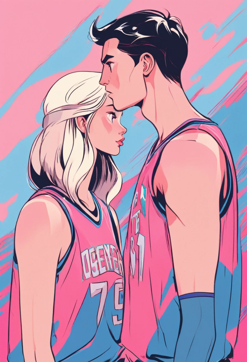 couple, A pair of lovers in basketball jerseys stare at each other with angry faces, the girl wears a pink jersey, the boy wears a blue jersey. vector style, manga style, digital art, by Marshall Arisman, cover illustration, 70mm, 7 0 mm, 70 mm, book cover illustration, by Brigette Barrager, album cover, novel cover art for a book, art concept for a book cover, cover art, 7 feet tall,