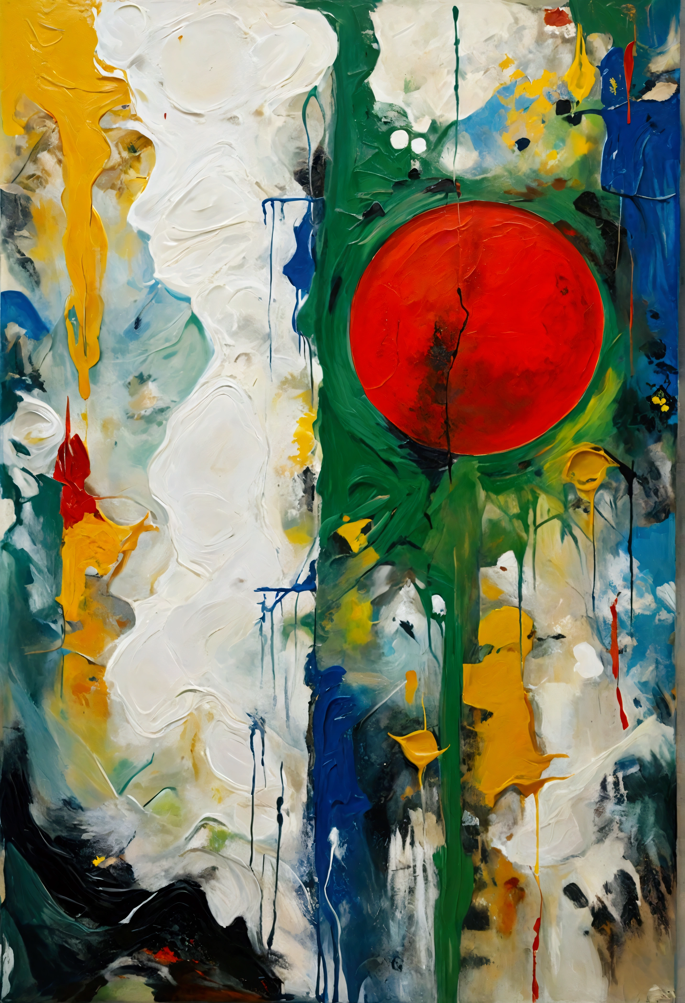 Contemporary painting、Semi-figurative and semi-abstract paintings、White background、oil、drawing、Bold and unpredictable brushstrokes(Grabbing)、A green sun in the upper left corner of the screen、Cobalt Blue Lines、Red color block、yellow stain、黒いdrawingの線、Thin green etched lines、Pencil lines、Vermillion Lines、Royal blue chunks、Green sphere、Red triangle、Black Volcano(Graphical Image)、The words of a poem are faintly drawn, and are indecipherable.(The jade sun shines in the distance)、A touch of impressionism、Surrealism、Cubist composition at the bottom of the screen、Five damaged Renaissance-style human figures at the bottom of the painting(Transmittance 20%)、Animals like those in the Lascaux caves(Transmittance 50%)、Tokyo skyscrapers、
Painting scene:content「
- Vermilion Sun And the red sun symbolizes the Holy Grail The sun is a shadow that came from the origin A distant sound appears The sunlight faintly reflects our existence The rainy sky reflected in the glass is a tree々The sun descends on the dark water and the birds that embrace the night Flying away to the west
」
