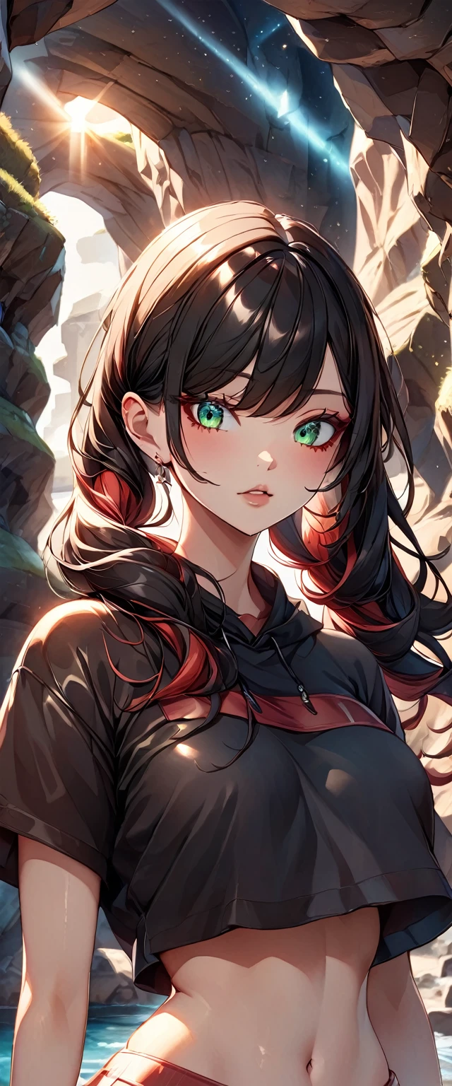 Photo of a girl with natural skin, ((Baby Face)), Round face, A girl wearing mainly black and red, Upper Body, Seaside cave, The light is shining in, High Twintails, Black hair with red mesh, Sharp eyes with red eyeshadow, Blue-green eyes, Shining eyes, A thin, upturned nose, Well-shaped lips, ((crop top overhang, Short sleeve, Black clothes, Thighs, Glamour body)), Makeup, Exquisitely crafted with the utmost attention to detail, Vibrant, amazing, Smooth, Cinematic, 4K, Backlight, (()), Shallow depth of field, ((Detailed eyes:1.3, Detailed lips:1.3, high quality, )), masterpiece, Super detailed images, High quality