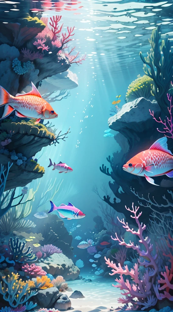 Conceptual Art of Marine Life, Underwater scenery, Life at sea，Beautiful coral reefs come in many shapes, 。.3d，, fish, Female anime fantasy illustration. Long hair scattered in the sea, drift, Very harmonious. The painting as a whole adopts a messy and imaginative style.. The colors are bright and saturated, Line Smooth. The mystery and beauty of the sea, The painting depicts an underwater world full of life and vitality., Animation Art Wallpaper 8K、人fishのよう、