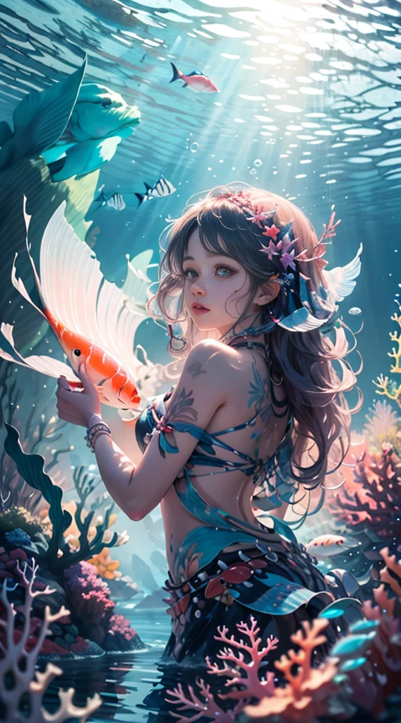 Conceptual Art of Marine Life, Underwater scenery, Life at sea,Beautiful coral reefs come in many shapes, 。.3d,, fish, Female anime fantasy illustration. Long hair scattered in the sea, drift, Very harmonious. The painting as a whole adopts a messy and imaginative style.. The colors are bright and saturated, Line Smooth. The mystery and beauty of the sea, The painting depicts an underwater world full of life and vitality., Animation Art Wallpaper 8K、人fishのよう、