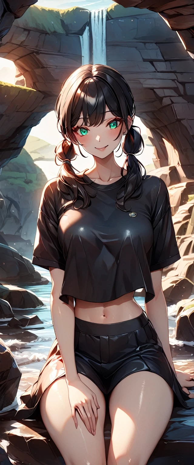Photo of a girl with natural skin, smile, ((Baby Face)), Round face, A girl wearing mainly black and red, Cowboy Shot, Seaside cave, The light is shining in, High Twintails, Black hair with red mesh, Sharp eyes with red eyeshadow, Blue-green eyes, Shining eyes, A thin, upturned nose, Well-shaped lips, ((crop top overhang, Short sleeve, Black clothes, Thighs, Glamour body)), Makeup, Exquisitely crafted with the utmost attention to detail, Vibrant, amazing, Smooth, Cinematic, 4K, Backlight, (()), Shallow depth of field, ((Detailed eyes:1.3, Detailed lips:1.3, high quality, )), masterpiece, Super detailed images, High quality