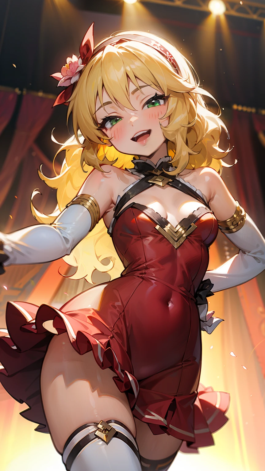 masterpiece,best quality, ultra-detailed,1girl(sakurai momoka, lovely small breasts,  glow skin, wavy hair, long hair, blonde hair, headband, pink flower in hair,green eyes, ), smile, open mouth, glow lips, head tilt, solo, red dress, ornate dress, frill, cleavage, bare shoulders,  long gloves(red), bows, garterbelt, white thighhighs, in the stage, dancing, sexy dancing, Sexy waist teasing, mike grab, sing , singing 