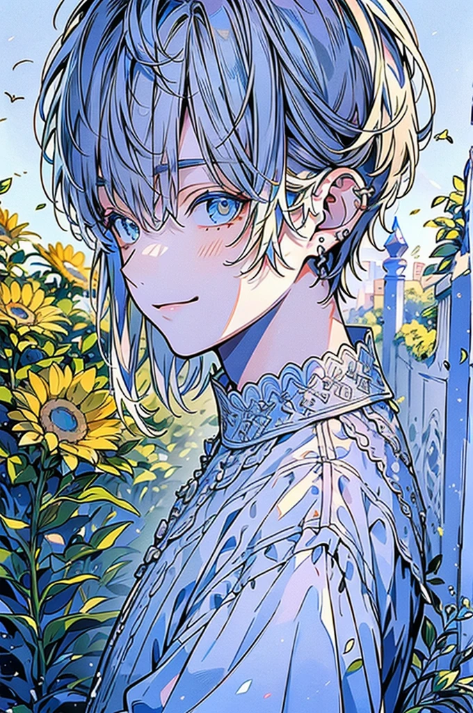 1.5, best quality, high quality, High definition, High quality texture, high detail, beautiful detailed, finely detailed, extremely detailed cg, detailed texture, 1man, boy, male, ((casual)), mature, white hair, smirking, shining blue eyes, relaxed, cunning, casual clothing, in a field, sunny day