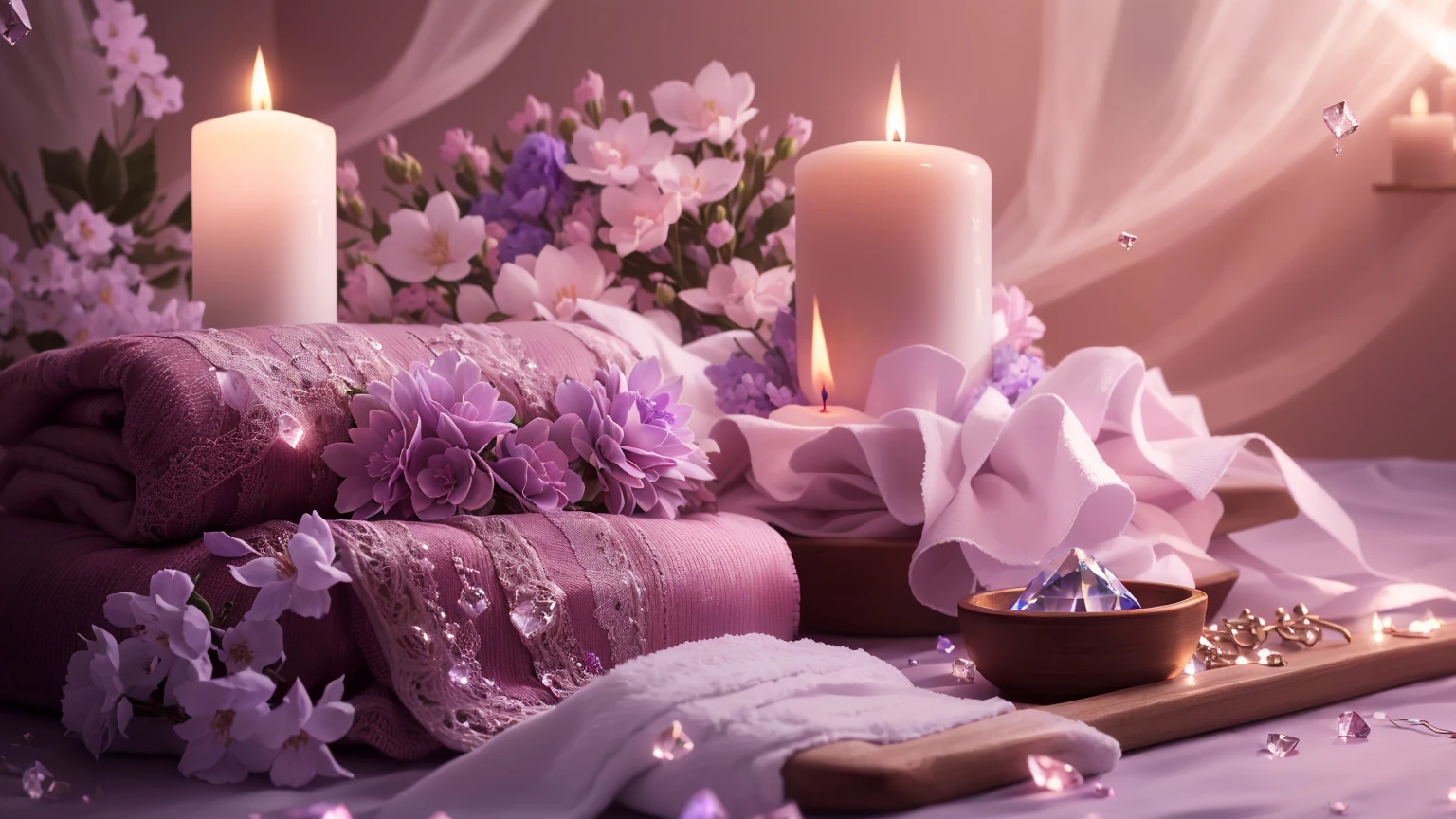 Candles and towels are placed on the table along with crystals and flowers, Romantic atmosphere, relax atmosphere, relax mood, Beautiful atmosphere, Soft glow, Peaceful atmosphere, Beautiful atmosphere, relax, Purple Theme, relax environment, Beautiful flowers and crystals, beautiful and soft lighting, Sublime and cozy atmosphere, Romantic atmosphere, soft light 4 k in pink, Romantic Theme、８K、There are animal dolls