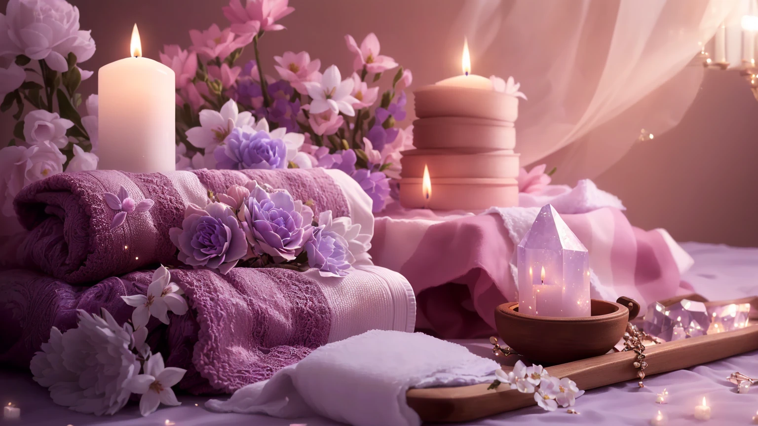Candles and towels are placed on the table along with crystals and flowers, Romantic atmosphere, relax atmosphere, relax mood, Beautiful atmosphere, Soft glow, Peaceful atmosphere, Beautiful atmosphere, relax, Purple Theme, relax environment, Beautiful flowers and crystals, beautiful and soft lighting, Sublime and cozy atmosphere, Romantic atmosphere, soft light 4 k in pink, Romantic Theme、8K、There are animal dolls