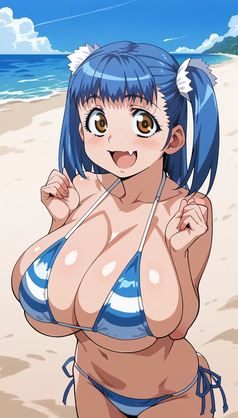 (Tuile(gravion),gigantic breasts,blue hair,yerrow eyes,twintail,two side up),(bikini,beach),blush,smile,open mouth,fang