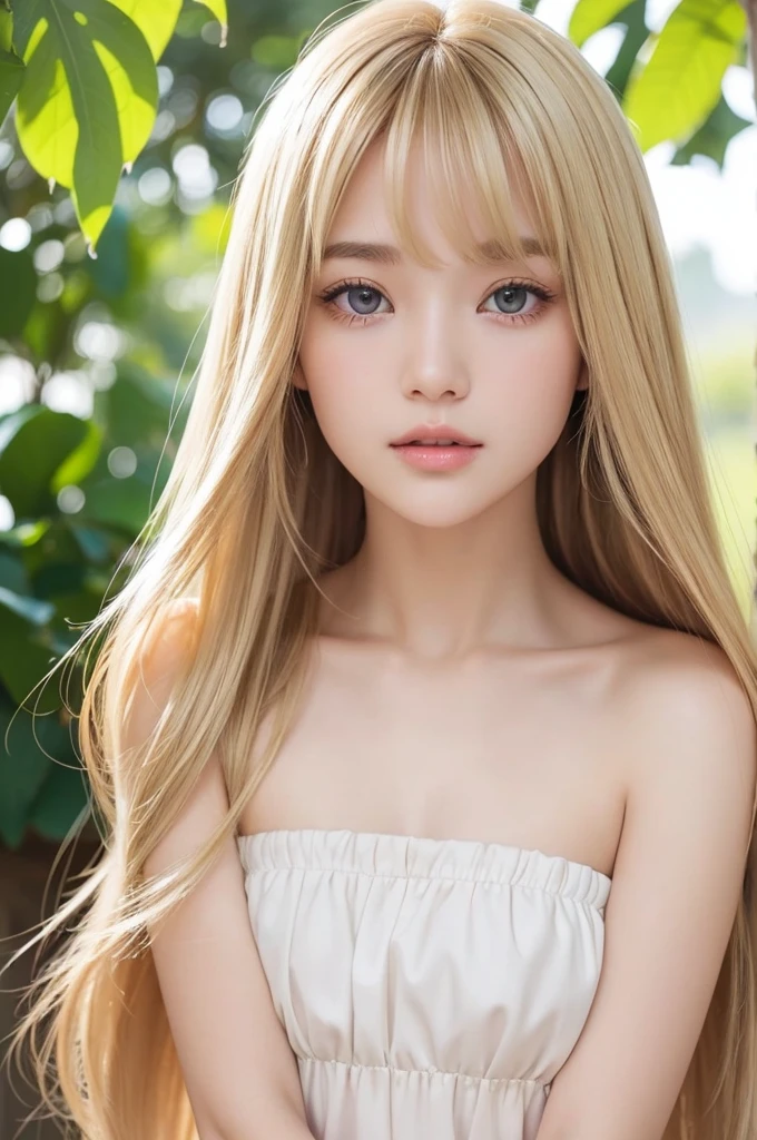 A beautiful face with blonde hair blowing in the wind、Beautiful bright light brown eyes hidden by her hair、white and shiny skin、beautifully、Very long、Shiny, silky blonde hair、美しいbangs、Sexy 18 year old very beautiful woman、Unparalleled beauty、Cheek gloss、Beautiful Skin、Small Face Beauty、eyeliner、bangs、Bang to the face、Hair above the eyes、Hair between the eyes、Round face、Strapless Summer Dress,Front facing,whole body,