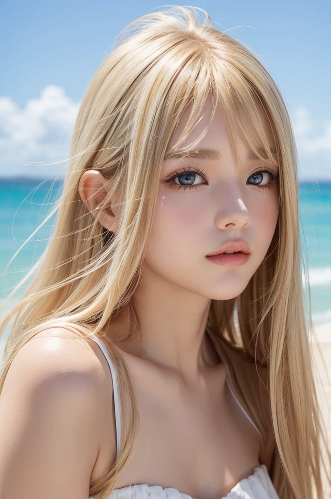 A beautiful face with blonde hair blowing in the wind、Beautiful bright light brown eyes hidden by her hair、white and shiny skin、beautifully、Very long、Shiny, silky blonde hair、美しいbangs、Sexy 18 year old very beautiful woman、Unparalleled beauty、Cheek gloss、Beautiful Skin、Small Face Beauty、eyeliner、bangs、Bang to the face、Hair above the eyes、Hair between the eyes、Round face、Strapless Summer Dress,Front facing,whole body,