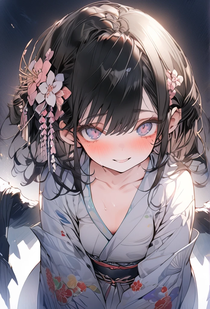 Full frontal view, beautiful décolleté line, wearing a slightly revealing floral yukata, beautiful glossy black obi, masterpiece, hot and languid expression, slightly sweaty, 8K quality, black hair, hair down in front, hair back in a bun, flower hair ornament, cute rounded eyes like in Japanese anime eyes, slightly upturned