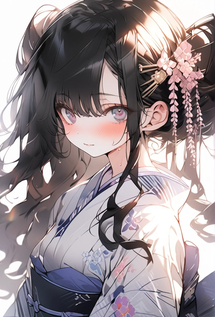 Full frontal view, beautiful décolleté line, wearing a slightly revealing floral yukata, beautiful glossy black obi, masterpiece, hot and languid expression, slightly sweaty, 8K quality, black hair, hair down in front, hair back in a bun, flower hair ornament, cute rounded eyes like in Japanese anime eyes, slightly upturned