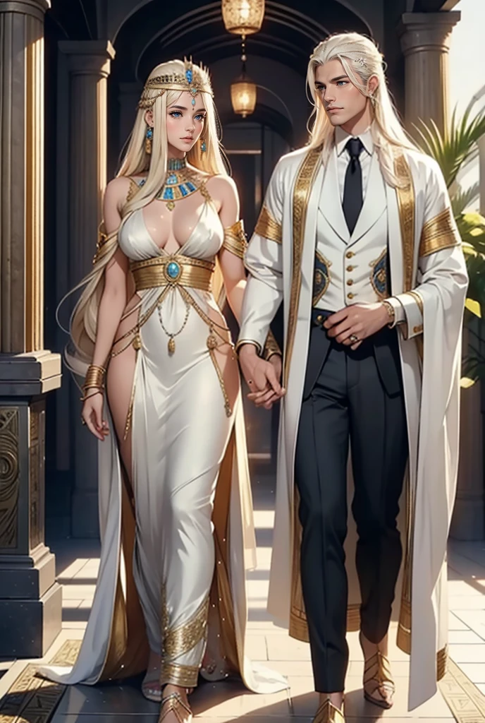 Tall, handsome, statuesque, courageous, adult man - platinum blonde, king of the Gods of ancient Egypt Amon-Ra, antique ancient Egyptian clothes on him, long straight platinum hair, blue eyes, long bangs, holding the hand of an incredibly beautiful young blonde, a femme fatale, she is an ancient Egyptian goddess-queen, she is wearing an antique a thin silk gold dress that accentuates her perfect figure, long golden hair gathered in a beautiful hairstyle decorated with pearls, topazes, sapphires, beautiful antique jewelry. They are in love with each other. Realistic image.