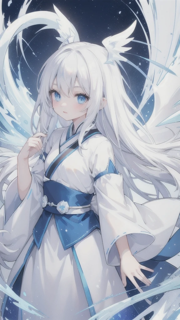 snow white hair,deep blue eyes,White Hanfu,ice silver armor,frozen dragon wings