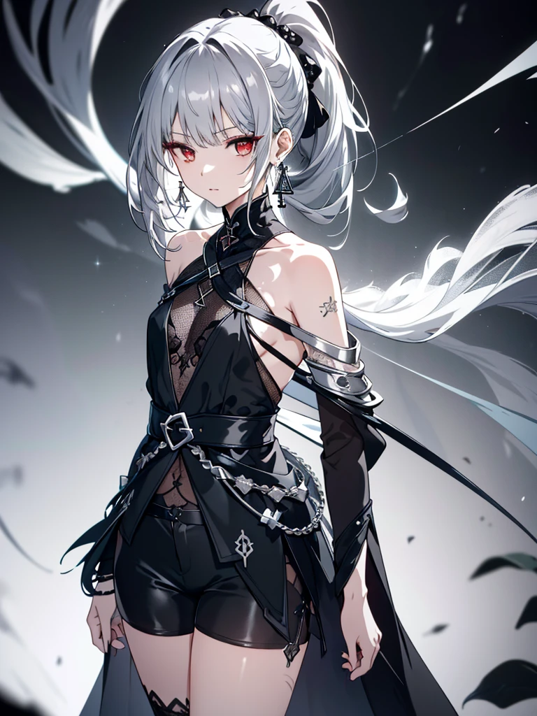 8k,High resolution RAW color art,Anime Art, (((Very detailed and cool))), Detailed skin, Blur、texture,(Exquisitely crafted, The finer details, Ultra-detailed art), (((1 girl))), Depth of written boundary, Silky Touch, Hyper Detail, (((Cool face))), eye shadow、Silver Marble Skin, Beautiful detailed red eyes, Beautiful lip detail, Very delicate face, Delicate depiction of hair and eyes, Detailed Fashion, Silver earrings,Silver Bracelet、Full body depiction, Black half top、(((Shoulder Bare)))、Black shorts、black waist cloak、black tights、 A little bit of grey hair, Ponytail Hair、Semi-long hair、(((Hair)))、water surface、silk clotheatte、Soft clothes