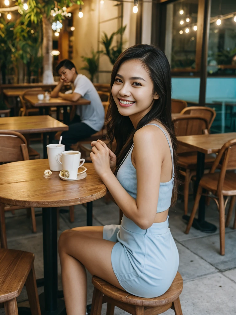 her name is Danielle, high quality, 1girl, ((27-year-old SLIM Asian woman)),((Filipina nose)), ((27 years old)), ((BODY TYPE: slim)),((Tied HAIR)), ((EYE COLOR: Light blue)), ((Close-up)), Smiling, pose: Crossed-legged , wearing Generation-Z modern wear VARIETY colored, BACKGROUND: " Outdoor: A small cafe with warm lighting, wooden tables, and the smell of freshly brewed coffee in Manila."