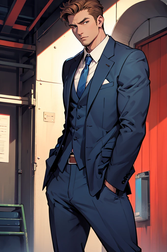 Drawing of a Young Chad, Dark blue suit, Hands in pockets,Brown short hair， Looking at the camera, male，Solid color background