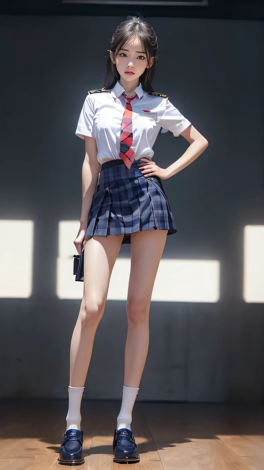((masterpiece)),(((最high quality))),(((((Full body shot of a girl taken from the floor:1.7))))),((Photograph the whole body from knee height:1.6)),((((((Please stand up straight:1.9)))))),((Thin thighs:1.3)),((Long legs:1.4)),(((Girl standing in a school classroom:1.7))),(((Micro Mini Skirt Uniform:1.6))),((Slim Model body type:1.8)),((Japan in summer uniform:1.8)),((Wearing a red tie:1.5)),(Wearing a white shirt with short sleeves:1.3),Her erect nipples are clearly visible under her clothes.,(Navy blue checked micro mini skirt:1.7),(:1.3),bangs,A small smile,((cute girl)),Slender girl,Black Loafers,(((short white socks up to the ankles,:1.2))),cute,The thighs below the groin are slim and firm,cute,Black hair ponytail,Thin legs,Slim Model body type,Very small waist,Small hips,Long thighs,Thin thighs,Thin hands,Long hands,((((Shooting full body from below:1.5)))),(((((k-popのIVEのWONYOUNGにそっくりの女の子:1.9))))),((Turn your whole body straight ahead:1.8)),((expensive:1.4)),(Stand with your legs straight without bending your knees:1.7),((Please stand up straight:1.7)),((turn your hips forward:1.7)),The ankles are super thin,beauty,Fine skin,Firm Skin,Realistically reproduced skin detail of thin legs,Very detailed, Attention to detail,high quality,Awards,High resolution,(Anatomically correct:1.3),(8k,RAW Photos,最high quality,masterpiece:1.5),(((Photographing a girl'Full body from below))),(((She is taking a picture with three other girls from her class.:1.5))),All three are slim and cute.,Height 173cm,((Please stand up straight:1.7)),((Please stand up straight:1.7)),((Please stand up straight:1.5)),((Please stand up straight:1.7)),(((Keep your back straight:1.8))),((Look forward:1.2)),9 head beauty,Model body type,((Inseam is half the height:1.3)),Thin thighs,((k-popのIVEのWONYOUNGにそっくりの女の子:1.5)),Tiny and slim waist