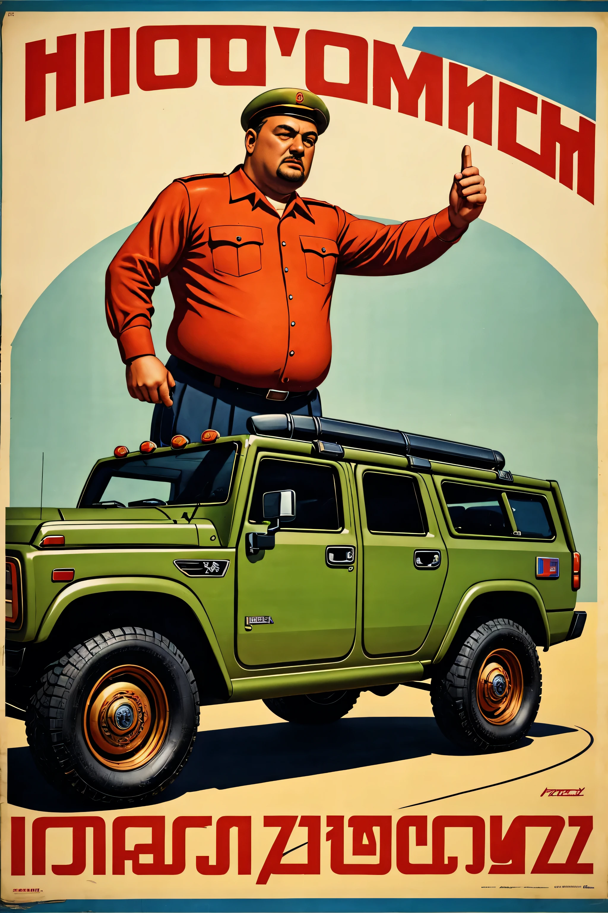 soviet poster, plump man with hummer in right hand