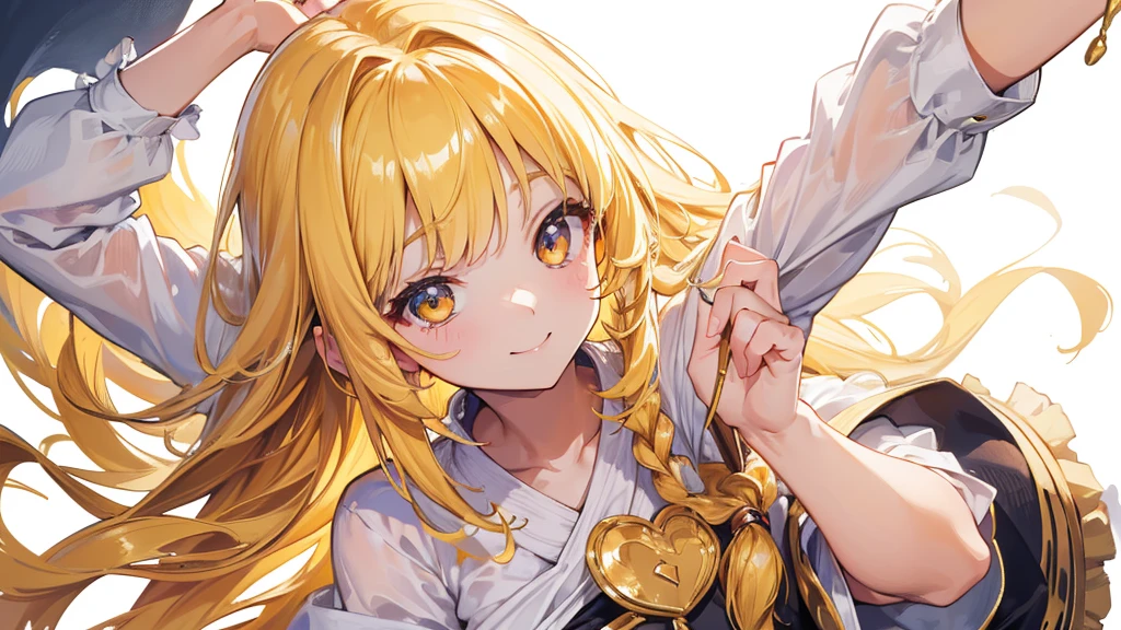(Highest quality) (4K) (8k) (High resolution) (masterpiece:1.2) (Super detailed) One girl smile Offer your hand (White Background) (Marisa Kirisame) Golden braid hair