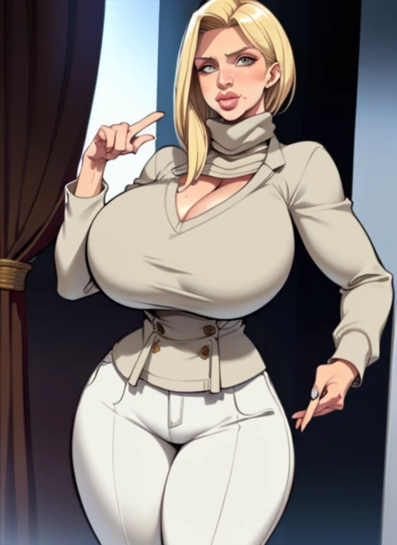 20 year old Cameron Diaz as a teacher , milf, mature, short blondw hair, blonde, blonde cut hairstyle, slim face, high cheekbones, big lips, full lips, up-turned nose, pointy nose, pouting, pouting lips, pale skin, tall, curvaceous, small waist, big hips, hip dips, small breasts, medium breasts, sagging breasts, long legs, white lab coat, turtleneck sweater, brown pants, Best quality, 8k, Masterpiece, realistic, photorealistic