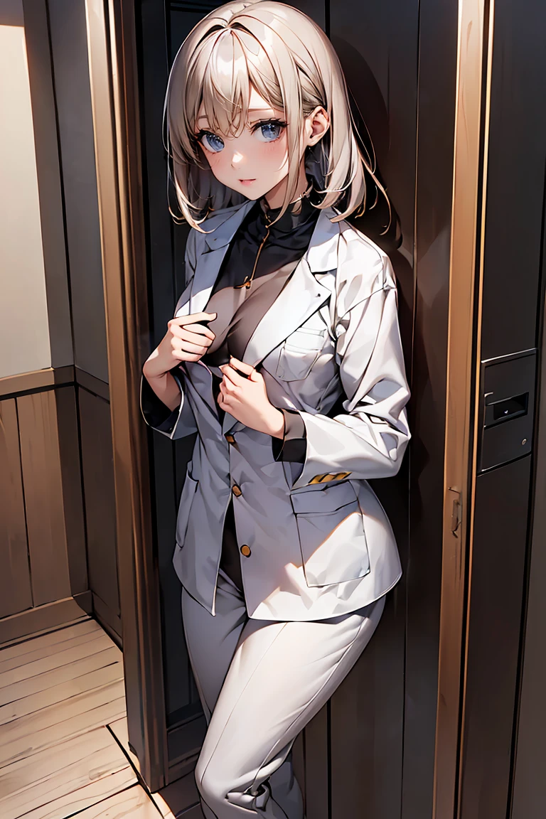 ((masterpiece), ((Highest quality)), (masterpiece,Highest quality,Official Art,Highly detailed CG Unity 8k wallpaper)、((Hourglass body type:1.3、Medium ))、(Examination room:1.8), "A female doctor from the near future wears a highly functional uniform。Antifouling、antibacterial、Breathable、温度調節機能を持つ高性能素材で作られたクリーンなホワイトAlsoは淡いブルーのタイトフィットなラボコートを着ています。The lab coat has a slim design、Smart ar、Hidden snap buttons atfs、Has multiple storage pockets。下には吸湿速乾性のあるホワイトAlsoは淡いパステルカラーのシャツやブラウスを着ており、Tight fit for ease of movement、The design emphasizes the chest area.:1.3。The pants are tight-fitting straight pants.、Alsoは膝丈のAラインスカートで、Both are made from the e high-performance materials。For footwear, wear comfortable, supportive white or silver flats or sneakers。As an accessory、Lightweight and highly sensitive stethoscopes available in silver and pastel colors、Simple and easy to read name tag design、Waterproof smartwatch、antibaial仕様の使い捨て手袋があります。Also、It also has pockets for storing small electronic devices and tools.。"