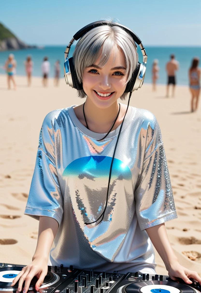 (Super detailed, 16K resolution, Cinema Lenses, Rendering with Octane), (High resolution:1.18), Intricate details, (masterpiece:1.1), (Highest quality:1.1), (One girl, Portraiture, Gray Hair, blue eyes, short hair, Detailed eyes),Wearing silver DJ headphones, sequin t-shirt, (At the Beach:1.5), (Iconic hip hop pop costume:1.3), Smiling while DJing on stage, DJ studio next to the beach, ((Stylish DJ stage on a hill overlooking the beach)), Full Body Shot, Photorealistic photography by Sunshine, (Cute round face:1.3), Perfect Fingers, Five Fingers, Beautiful Hands, Perfect hands. Masterpiece, Cute Smile, Repaired.