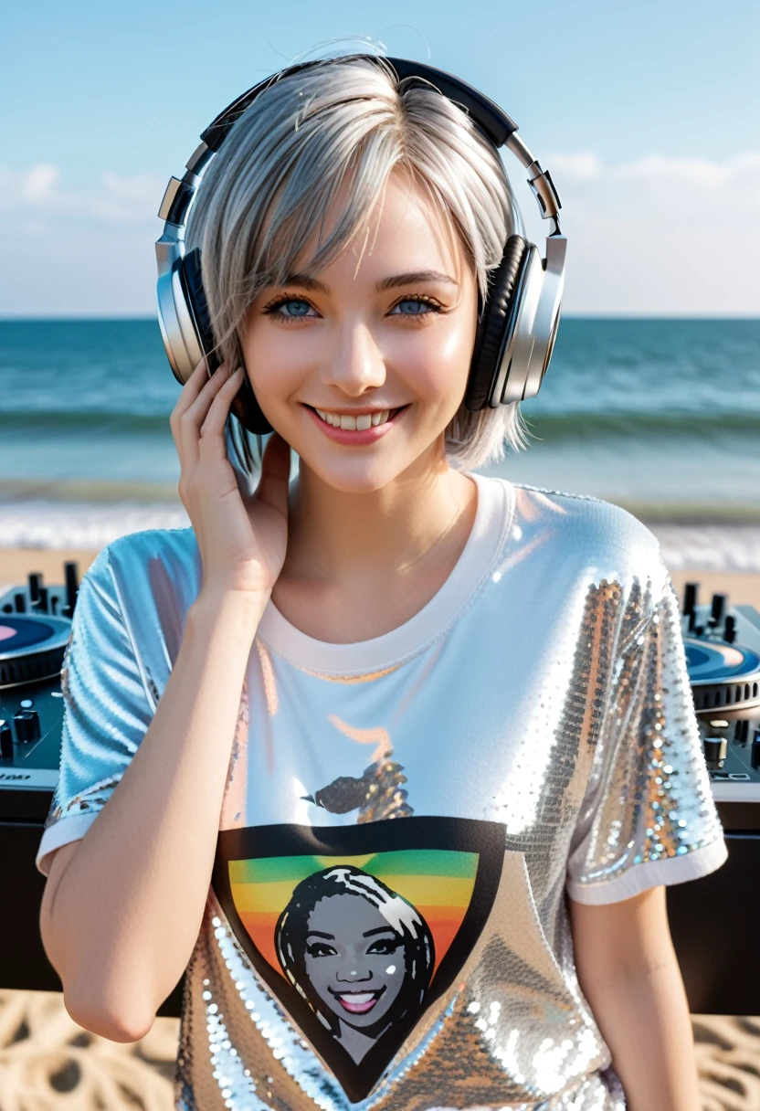 (Super detailed, 16K resolution, Cinema Lenses, Rendering with Octane), (High resolution:1.18), Intricate details, (masterpiece:1.1), (Highest quality:1.1), (One girl, Portraiture, Gray Hair, blue eyes, short hair, Detailed eyes),Wearing silver DJ headphones, sequin t-shirt, (At the Beach:1.5), (Iconic hip hop pop costume:1.3), Smiling while DJing on stage, DJ studio next to the beach, ((Stylish DJ stage on a hill overlooking the beach)), Full Body Shot, Photorealistic photography by Sunshine, (Cute round face:1.3), Perfect Fingers, Five Fingers, Beautiful Hands, Perfect hands. Masterpiece, Cute Smile, Repaired.