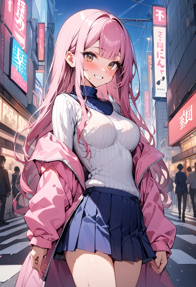 ((masterpiece,Highest quality:1.3,best quality illustration)),cowboy shot,独奏,1woman,(Mature Beauty),pink hair,straight long hair,bangs,brown eyes,(gorgeous eyes),((very small head)),fun,smile,((very long body,skinny)),medium breasts,((White ribbed collar、Pink baseball blouson、Navy blue pleated mini skirt)),gleaming skin,oily skin,slender body,sweat,standing,on street,Shibuya Station、