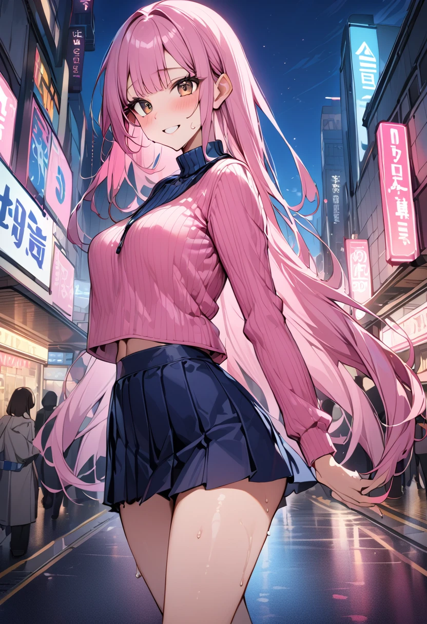 ((masterpiece,Highest quality:1.3,best quality illustration)),cowboy shot,独奏,1woman,(Mature Beauty),pink hair,straight long hair,bangs,brown eyes,(gorgeous eyes),((very small head)),fun,smile,((very long body,skinny)),medium breasts,((White ribbed collar、Pink baseball blouson、Navy blue pleated mini skirt)),gleaming skin,oily skin,slender body,sweat,standing,on street,Shibuya Station、