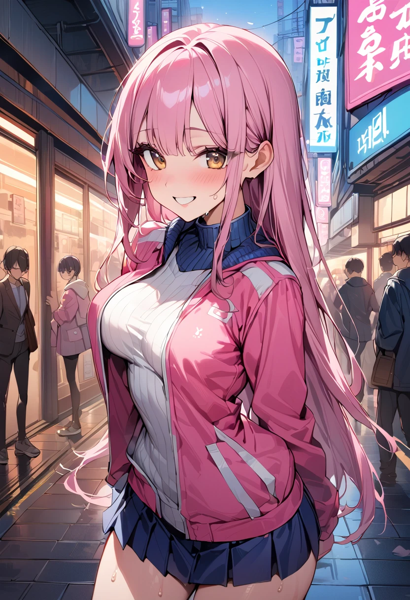 ((masterpiece,Highest quality:1.3,best quality illustration)),cowboy shot,独奏,1woman,(Mature Beauty),pink hair,straight long hair,bangs,brown eyes,(gorgeous eyes),((very small head)),fun,smile,((very long body,skinny)),medium breasts,((White ribbed collar、Pink baseball blouson、Navy blue pleated mini skirt)),gleaming skin,oily skin,slender body,sweat,standing,on street,Shibuya Station、