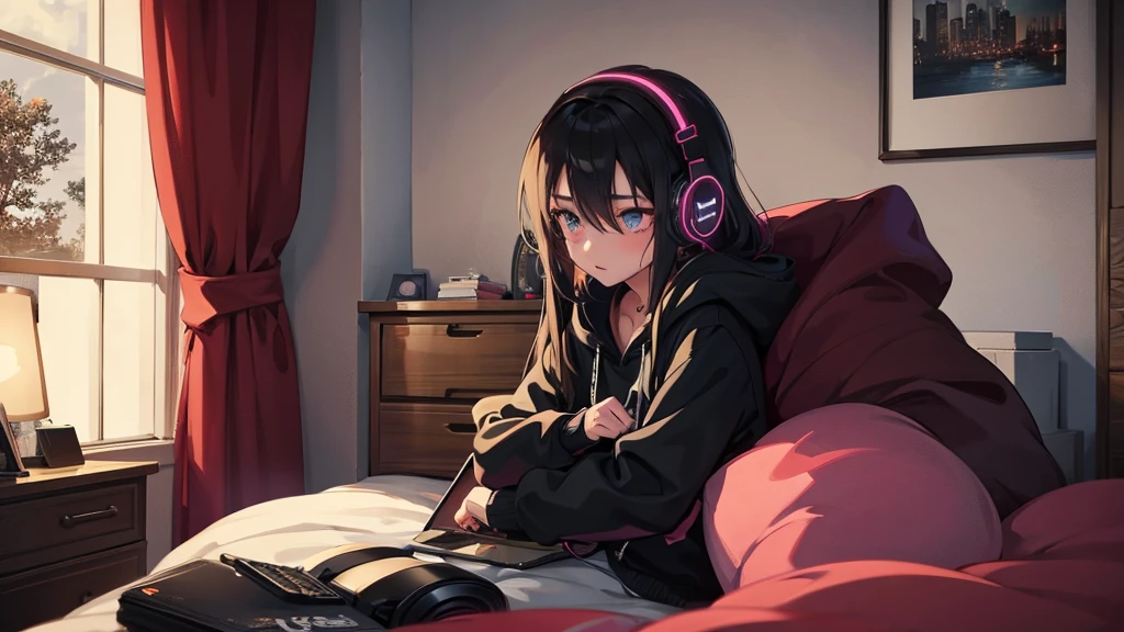 Girl listening to music in a cozy room at night, Use headphones, 2D anime style, Truly, Dark environment、Emo,