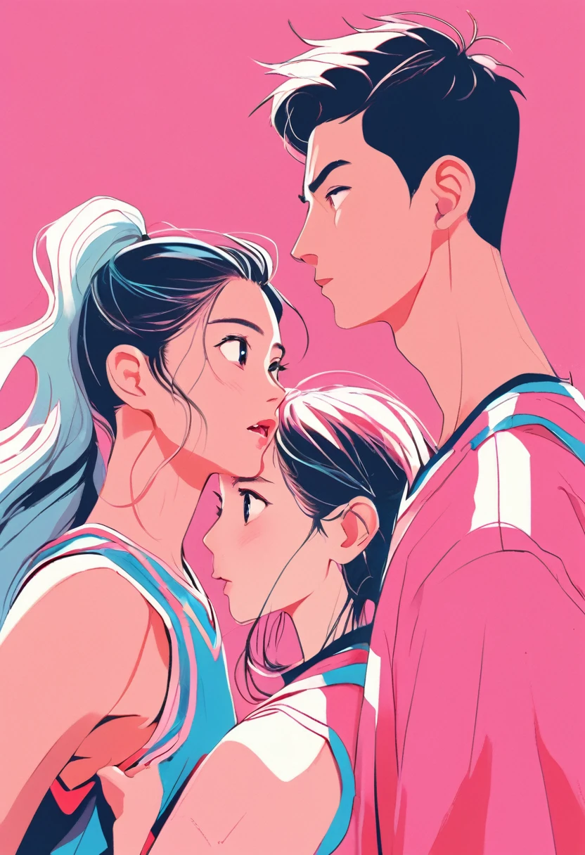 korean couple, A pair of lovers in basketball jerseys stare at each other with angry faces, the girl wears a pink jersey, the boy wears a blue jersey. vector style, manga style, digital art, by Marshall Arisman, cover illustration, 70mm, 7 0 mm, 70 mm, book cover illustration, by Brigette Barrager, album cover, novel cover art for a book, art concept for a book cover, cover art, 7 feet tall,