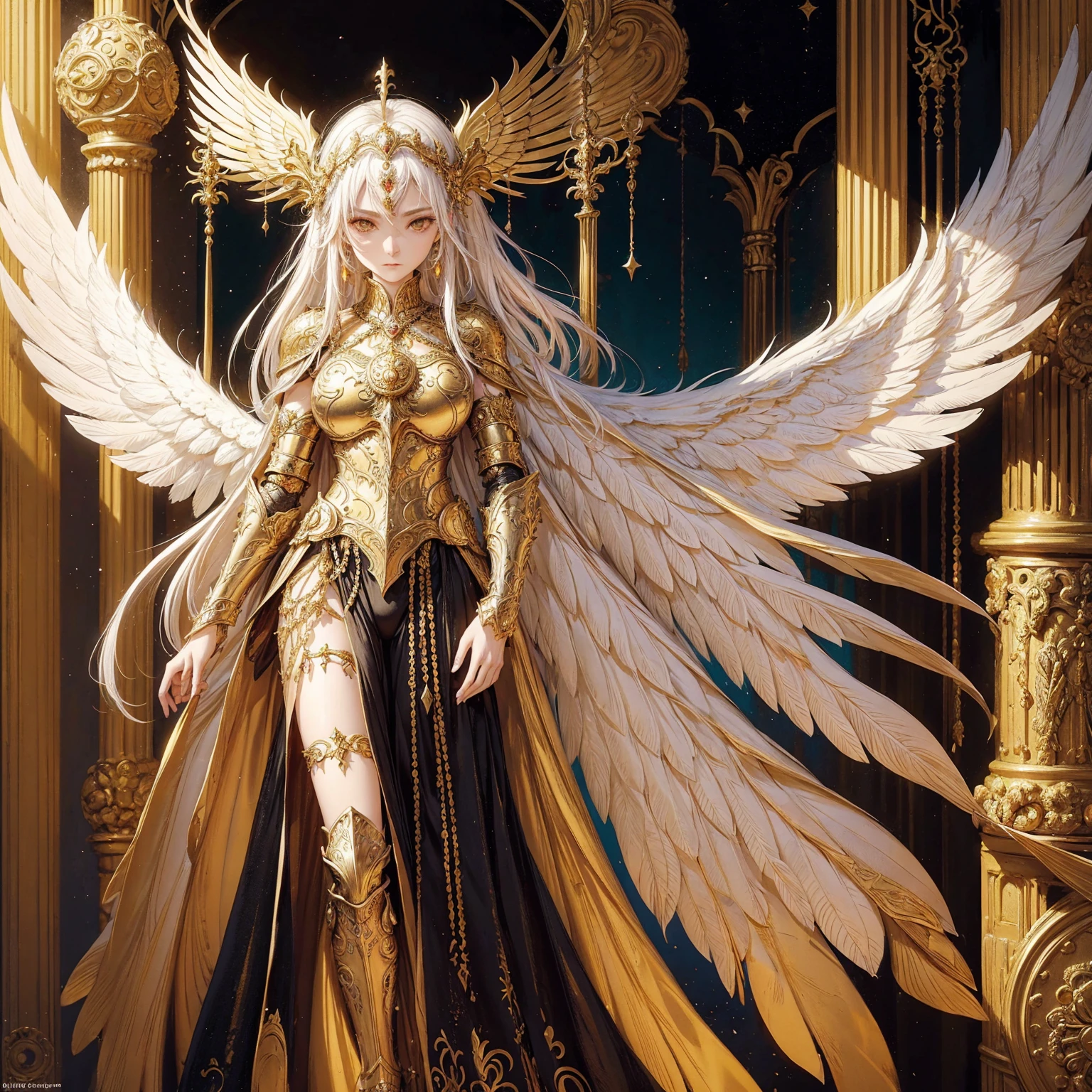 Art of woman wearing sun crown and ornate breastplate, a pair of armored angelic golden wings spread out behind the woman, ancient goddess art, Sacredness. Very detailed, Mysterious inspiration, Inspiration from the Sun God, Religious inspiration, Cold and snobbish face, No smile, Dangerous impersonal expressions, White hair, Standing, Full body portrait, Gothic art style, Weird art style, Occult art