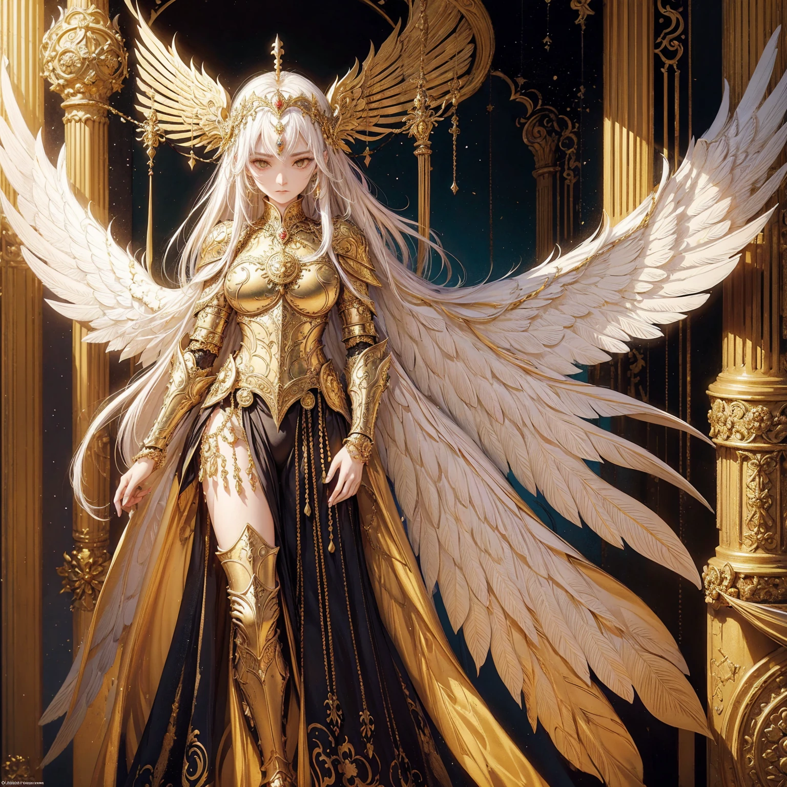 Art of woman wearing sun crown and ornate breastplate, a pair of armored angelic golden wings spread out behind the woman, ancient goddess art, Sacredness. Very detailed, Mysterious inspiration, Inspiration from the Sun God, Religious inspiration, Cold and snobbish face, No smile, Dangerous impersonal expressions, White hair, Standing, Full body portrait, Gothic art style, Weird art style, Occult art