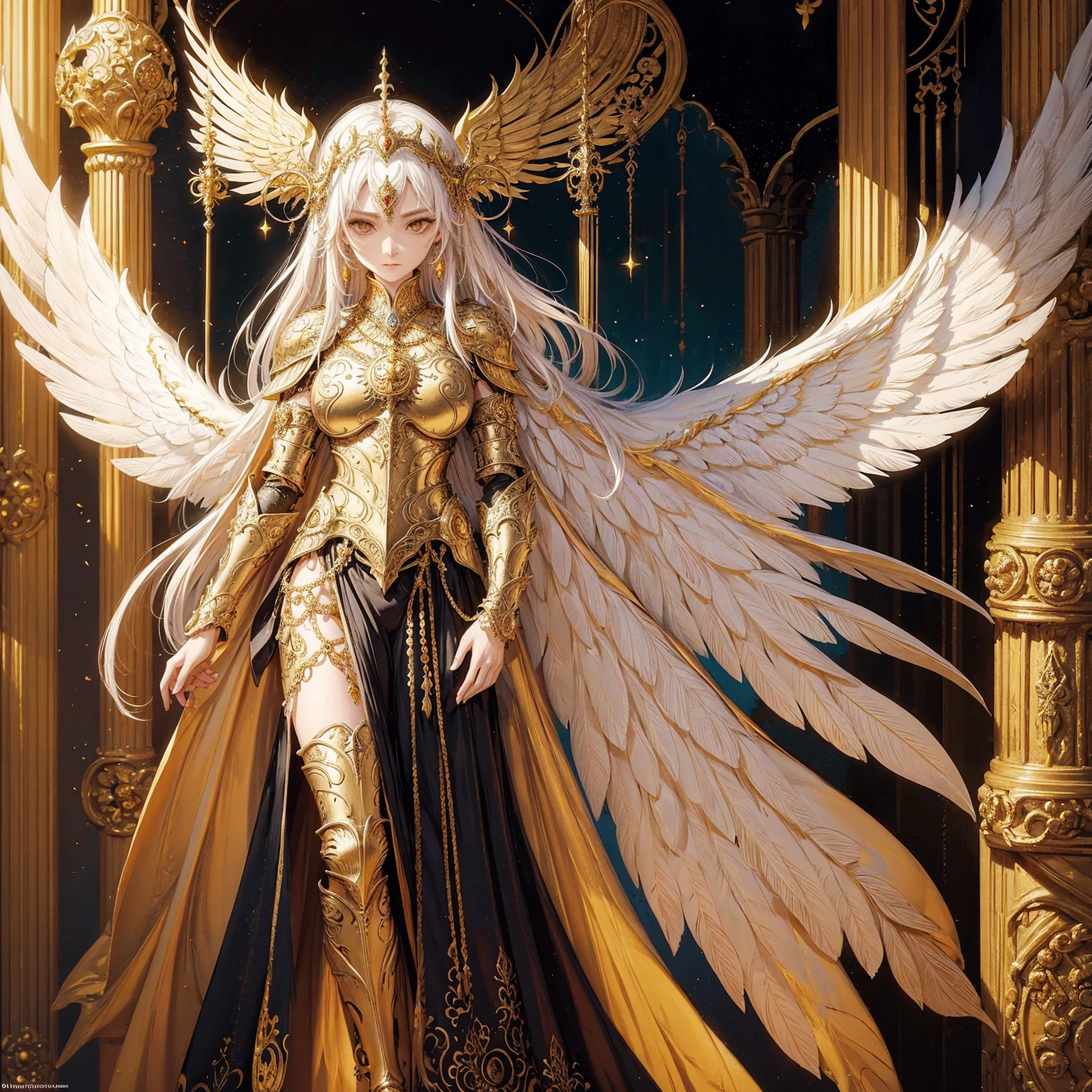 Art of woman wearing sun crown and ornate breastplate, a pair of armored angelic golden wings spread out behind the woman, ancient goddess art, Sacredness. Very detailed, Mysterious inspiration, Inspiration from the Sun God, Religious inspiration, Cold and snobbish face, No smile, Dangerous impersonal expressions, White hair, Standing, Full body portrait, Gothic art style, Weird art style, Occult art