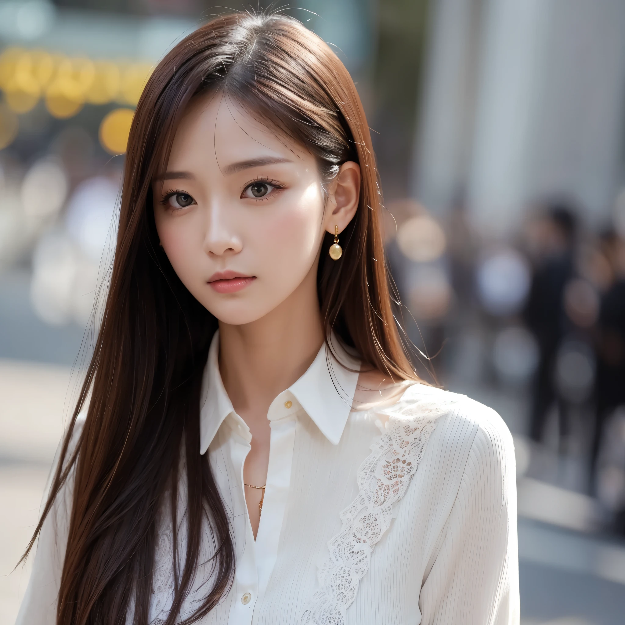 Fashionably dressed woman。Looking at the camera with no expression。