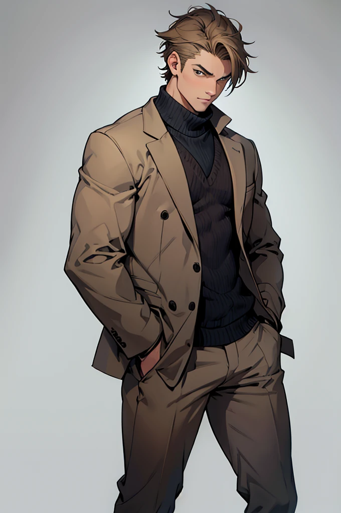 Drawing of a Young Chad, Gray suit, Hands in pockets,Brown short hair, Looking at the camera, male,Solid color background,White background