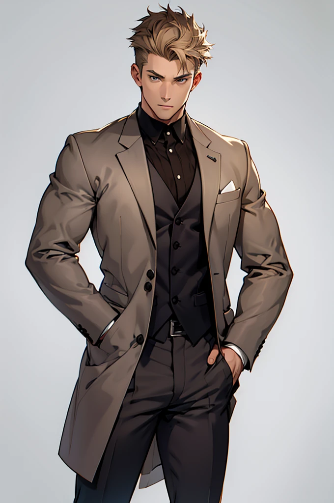 Drawing of a Young Chad, Gray suit, Hands in pockets,Brown short hair, Looking at the camera, male,Solid color background,White background